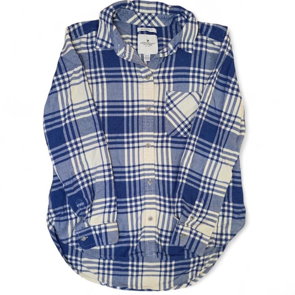 American Eagle Boyfriend Fit Flannel Shirt Blue White Plaid Sz Medium